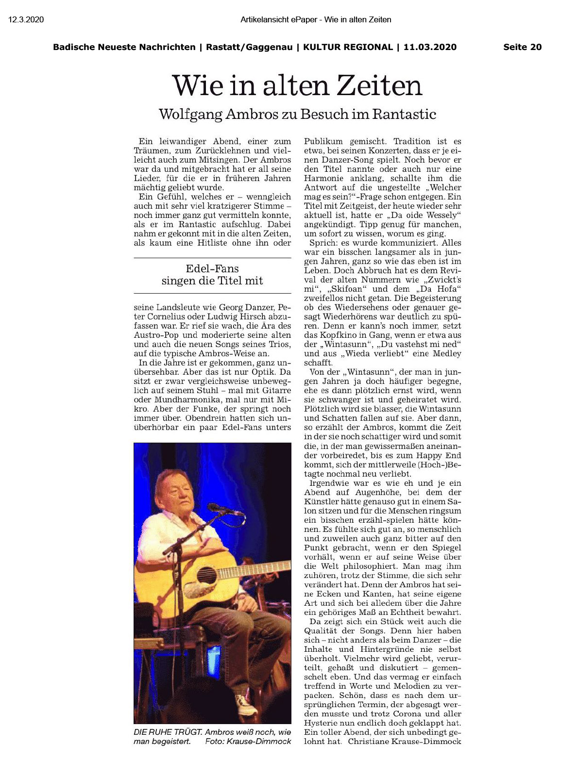 Kritik Ambros Konzert Baden Baden 2020 BNN